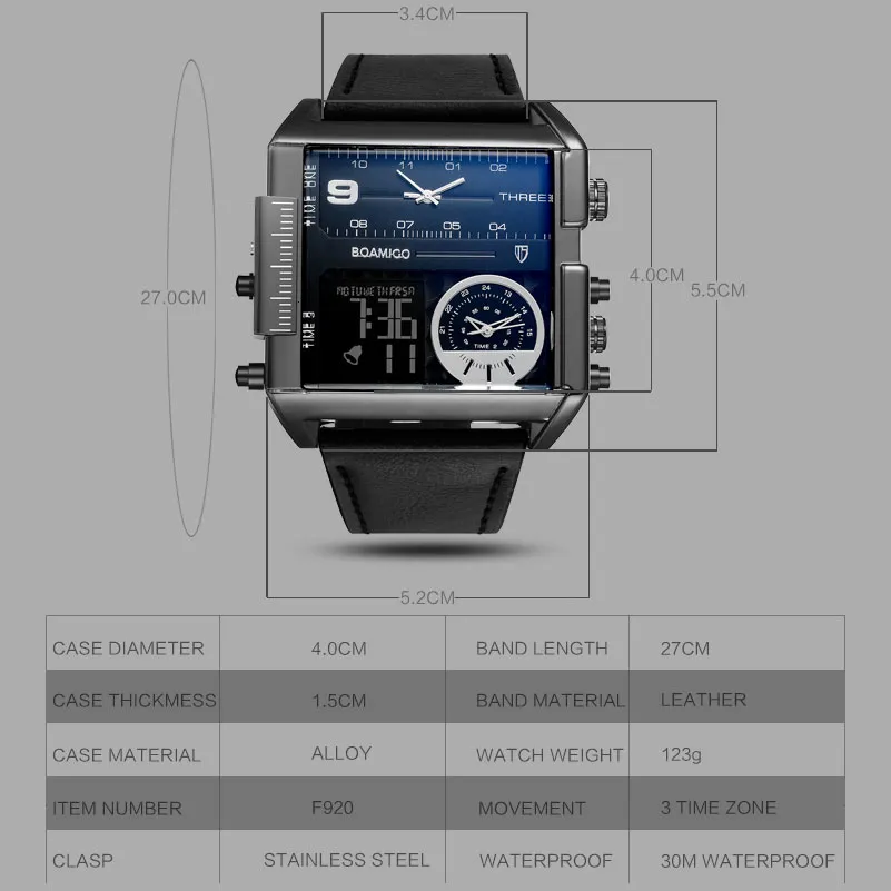 Boamigo varumärke män sportklockor 3 tidszon stor man mode militär ledning läder kvarts armbandsur relogio maskulino cj19313w