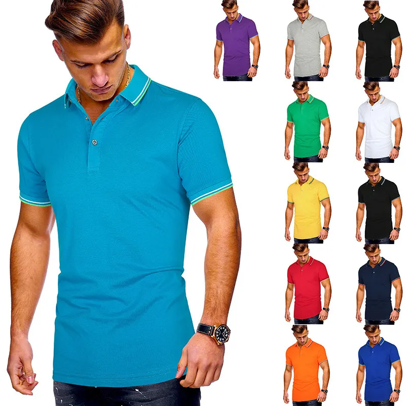 2020 sport summer new men's multi-color neckline cuff stripe splicing t-shirt men's Casual Short Sleeve Polo213A