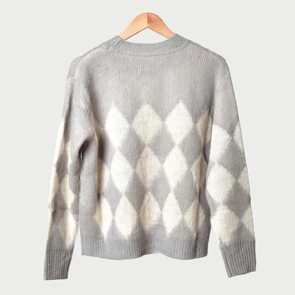 2019 outono inverno manga longa em torno do pescoço cinzento cópia de xadrez de malha de malha camisola de pulôver camisola de moda d2616119