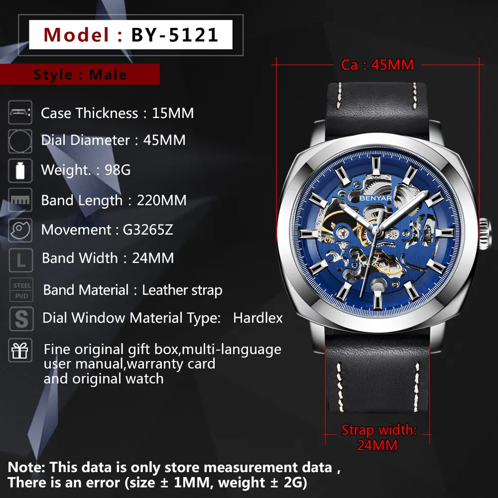 Benyar Mens Watches Set Reloj Hombre Top Brand Automatic Mechanical Waterproof Leather Sport Watch Men Relogio Masculino276Z
