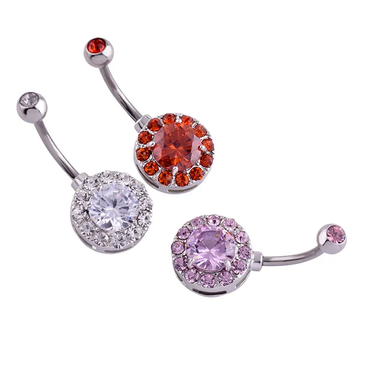 Navelklockknapp ringer Piercing f￶r kvinnor Round Form Zircon Crystal Pink Silver Color Surgical Steel Summer Beach Fashion Body Jewelry