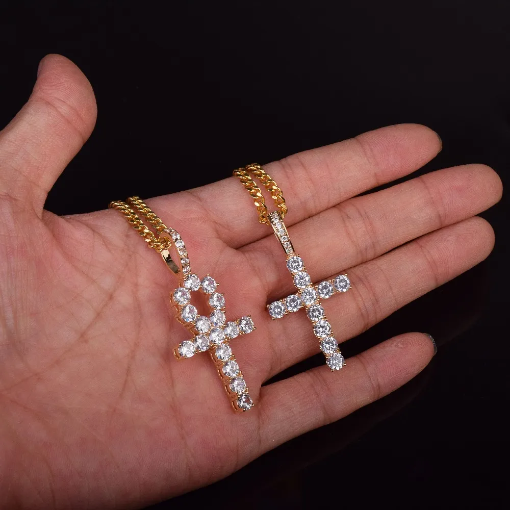 Iced Zircon Ankh Cross Halsbandsmycken Set Gold Silver Copper Material Bling CZ Key to Life Egypt Pendants Necklace246L