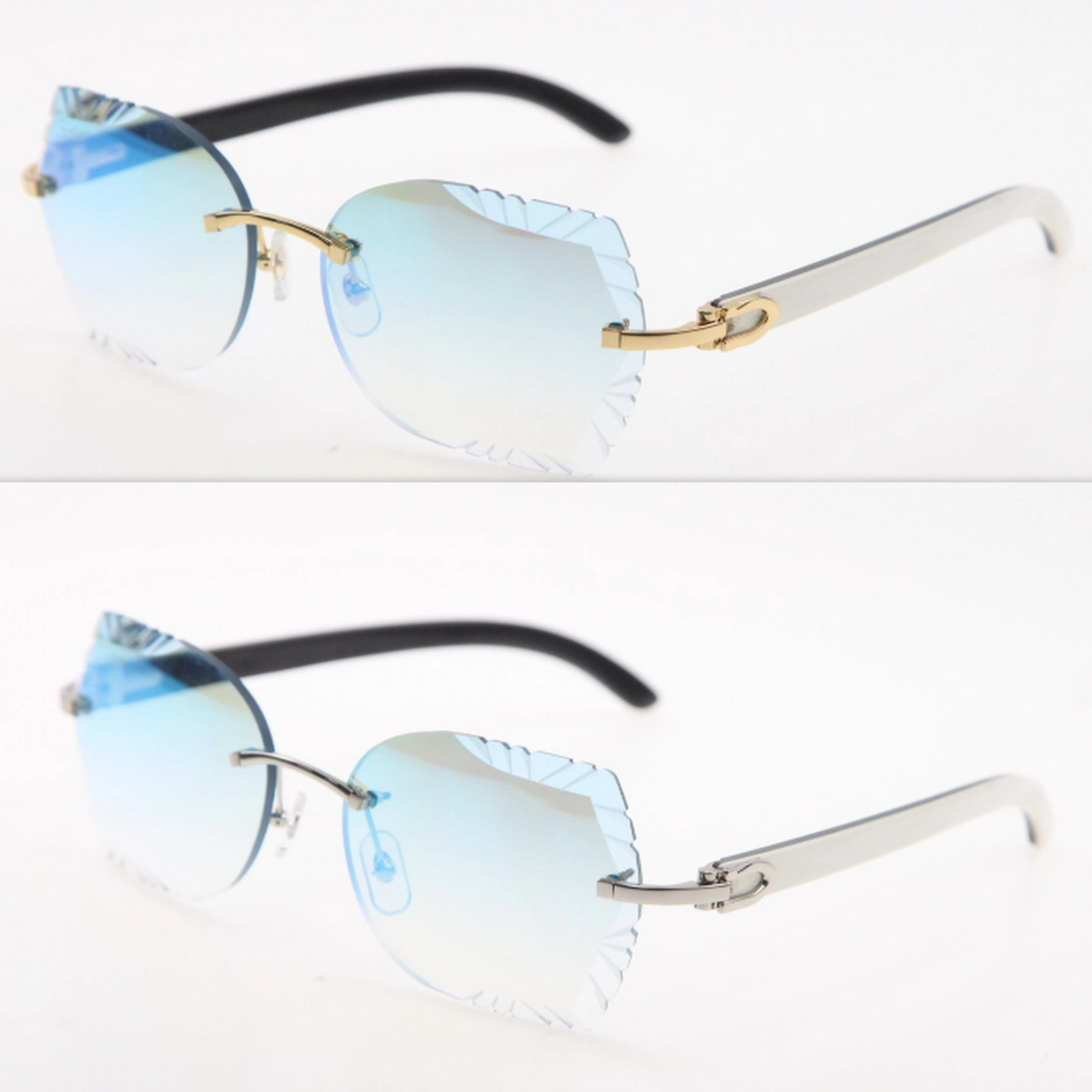 Popüler oyma ayna lens kenarsız güneş gözlükleri orijinal beyaz karışım siyah bufalo boynuz gözlükleri altın mavi kırmızı moda moda aksesuar246s