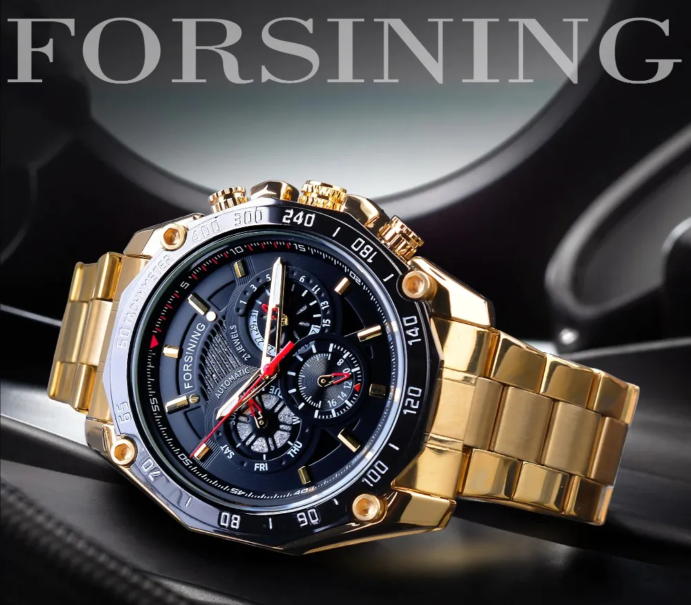 Forsining Watch Golden Stainless Steel Three Dial Design Mens Racing Sport 자동 손목 시계 최고의 브랜드 럭셔리 릴로고 메카이 247e