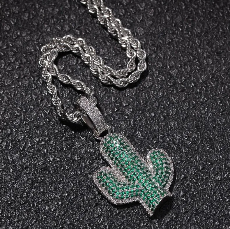 Hip Hop Solid Cactus Micro Paved Zirkon Anhänger Halskette mit Edelstahl Seilkette Kubanische Kette Necklaces333r