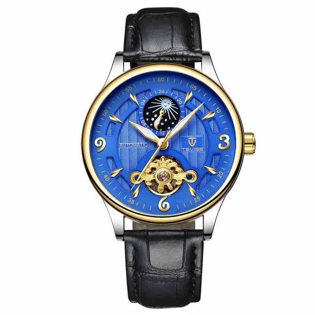 TEVISE Mens Watches Fashion Automatic Mechanical Watch Men Leather Strap Moon phase Tourbillon Sport Clock Relogio Masculino239j