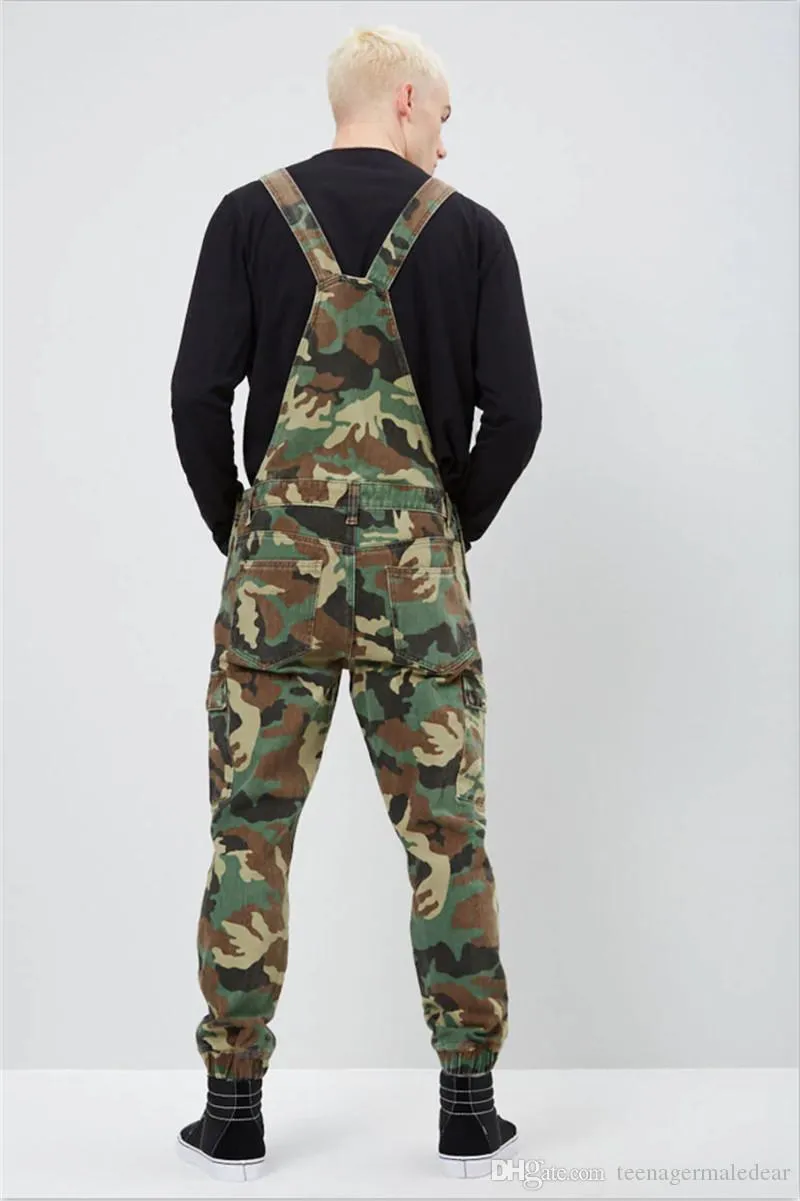 Jangesnow camuflagem denim homens macacões designer impresso jumbsuits jumpsuits moda macho macho calças longas