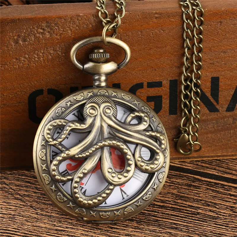 Ретро осьминог полые полуохотники кварцевые карманные часы винтажное серое бронзовое ожерелье кулон-цепочка для детей мужчин женщин reloj246V