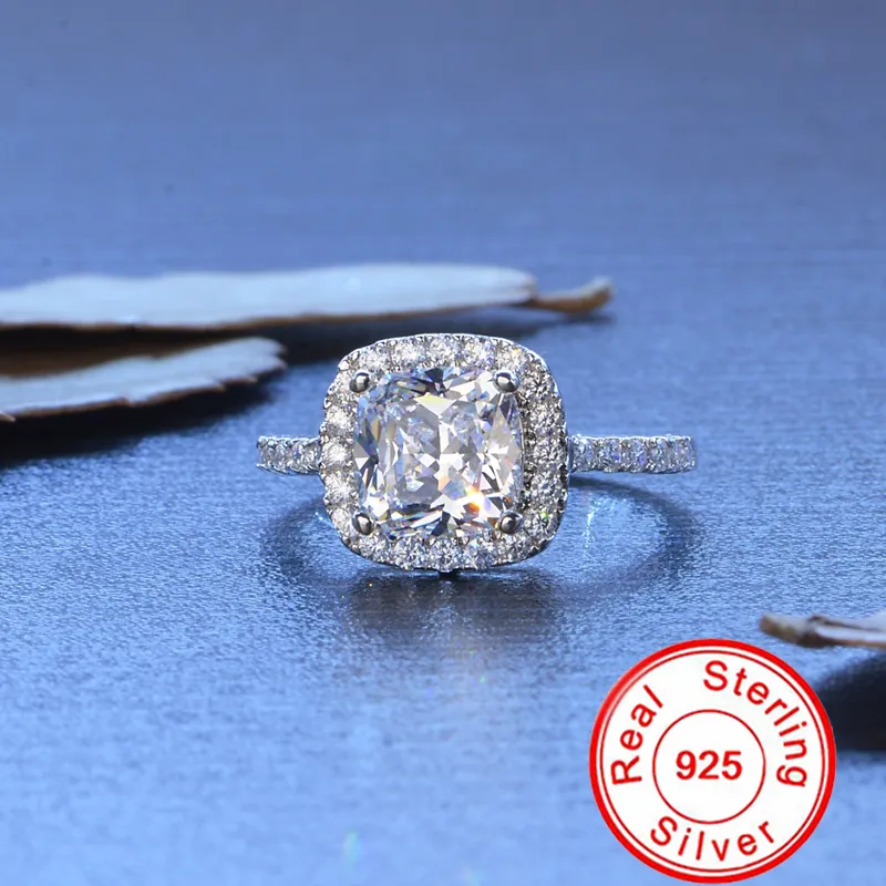 Yhamni enviado certificado de luxo 10%% original 925 prata 8 8mm 2 quilates cristal quadrado zircônia diamante anéis de casamento para mulheres277t