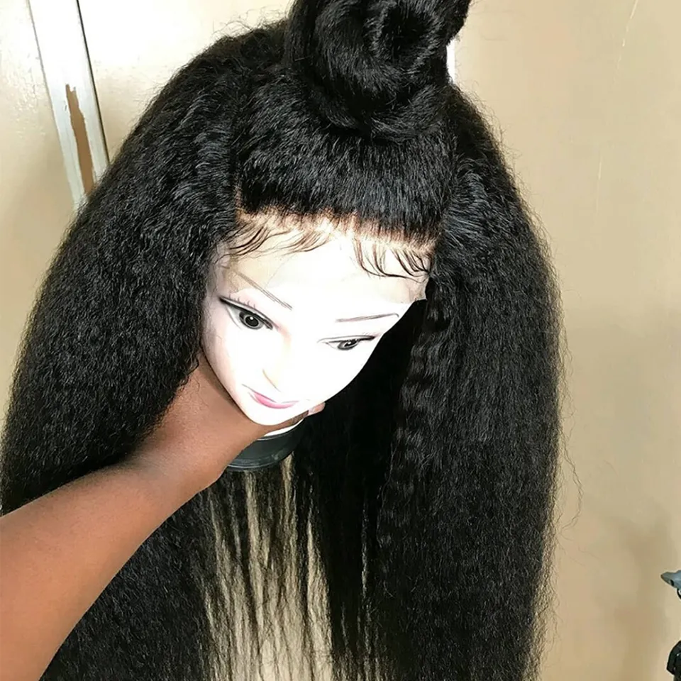 Peluca recta rizada, pelucas de cabello humano con encaje frontal 13x4 para mujeres, peluca humana Yaki brasileña Remy italiana prearrancada con pelo de bebé