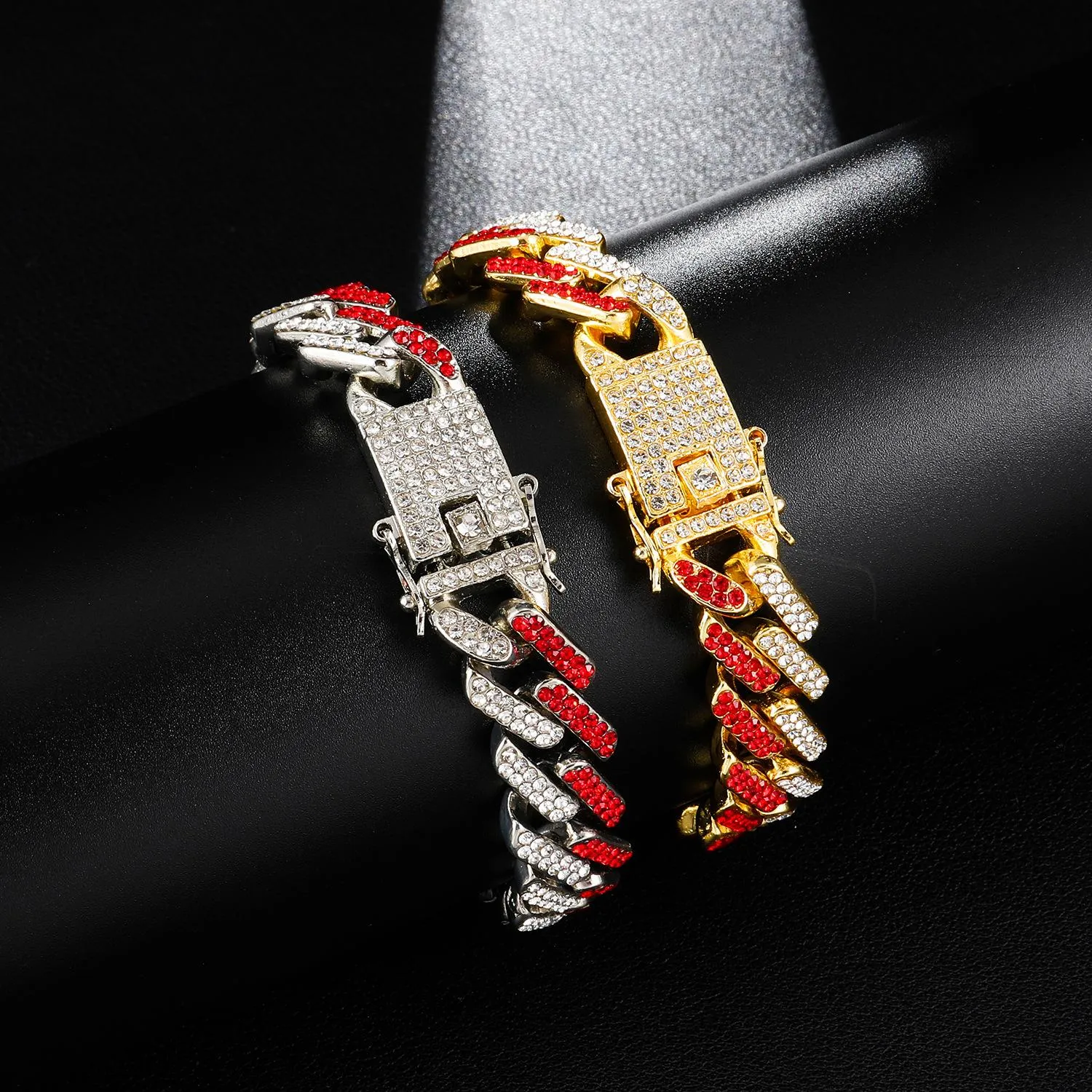 Nieuwe Mode Vergulde Bling Kleurrijke Diamant Heren Dames Hip Hop Zwart Rood Blauw Cubaanse Link Chain Armband Curb Raper kettingen Gift241W