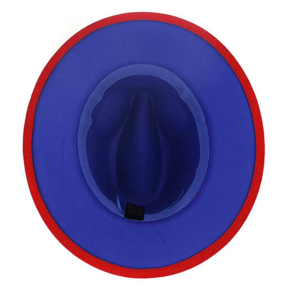 2020 Nouveau Bleu Royal Rouge Patchwork Faux Laine Feutre Fedora Chapeaux avec Boucle De Ceinture Mince Hommes Femmes Large Bord Panama Trilby Jazz Cap1934