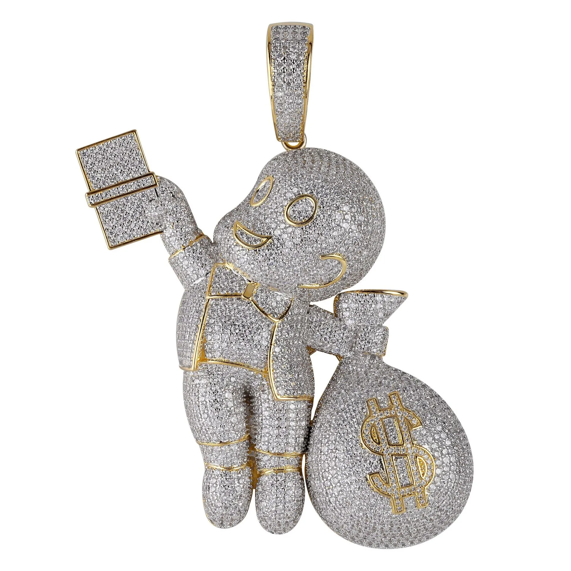 Nieuwe Gepersonaliseerde 18K Vergulde Hip Hop Cartoon Jongen met Grote Geldzak Hanger Ketting ed Chain Iced Out CZ Zirconia Jewelr253d