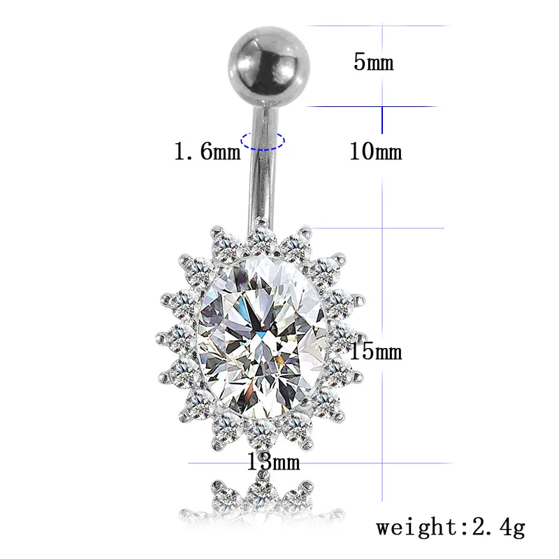 Navelklockknapp ringer Piercing f￶r kvinnor Oval Big Zircon Surgical Steel Summer Beach Fashion Body Jewelry