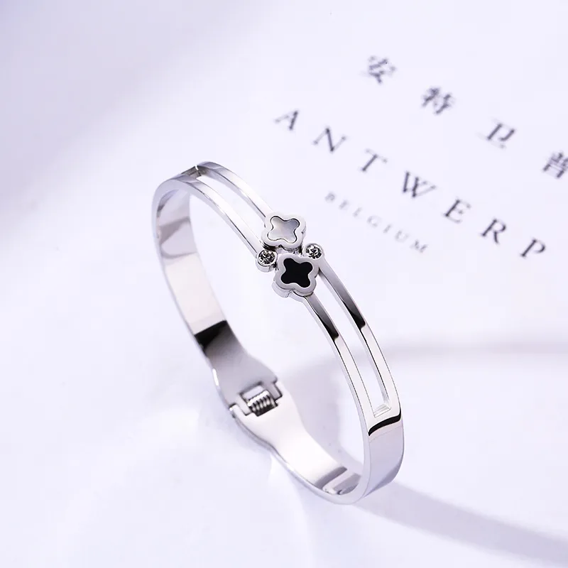 Moda clássica design de aço inoxidável trevo de quatro folhas pulseira incrustada autêntica concha moda bijoux feminino jóias229u