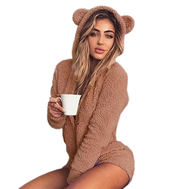 Kawaii Sweet Fleece Hoody Cat Ear Body New Tute Donna Solid Lady Cute Shorts Pagliaccetti Playsuit Home Service Tute M0003 Y190502