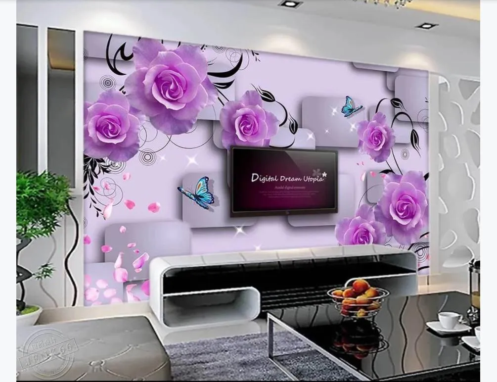 Maßgeschneiderte 3D-Wandtapete PO-Wandpapier Lila Rosenblätter fallen dreidimensionale quadratische Mode 3D-TV-Sofa-Hintergrund w232o