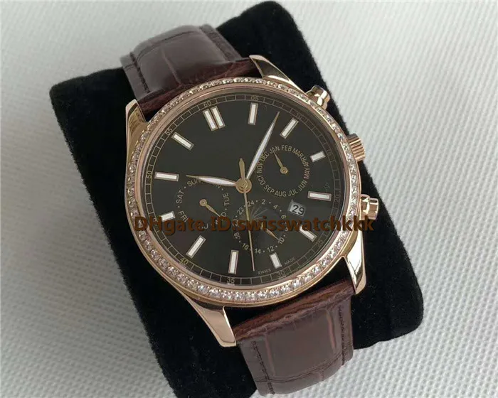 Nouveau 5204P-001 Montre Homme Suisse Complication Automatique Phase De Lune Cristal Saphir Boîtier En Or Rose 18 Carats Lunette Diamant Bracelet En Cuir De Veau Me344P