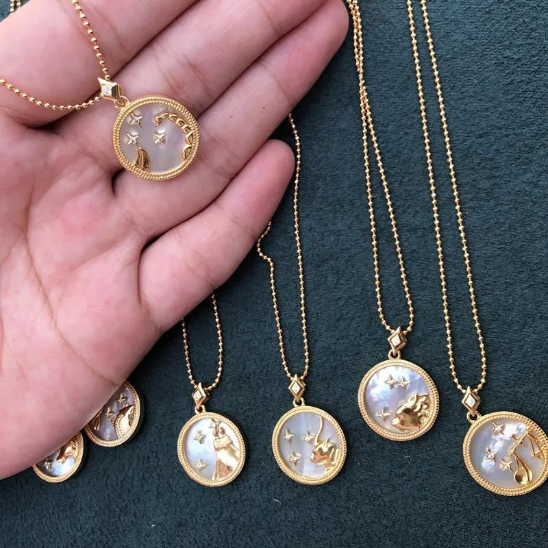 Collier en argent Sterling 925 en nacre pour femme, couleur or, chaîne de clavicule, pendentif en forme de pièce de monnaie du zodiaque, printemps/été