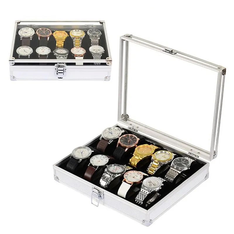 Användbar aluminiumklockor Box 12 GRID Slots smycken Watches Display förvaringslåda fyrkantig mocka inuti rektangelklocka hållare329t
