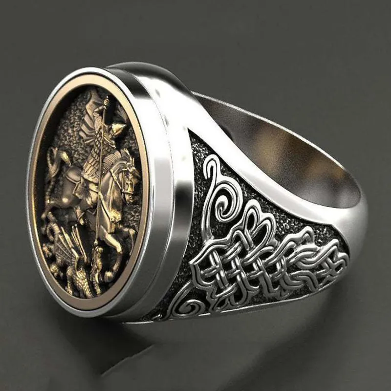Vintage Egovereign Ring Men St George Portre Portre Altın Roman Süvari Ejderha Yüzükleri Kadınlar İçin Boho Nordic Mitolojisi Viking Takı252n