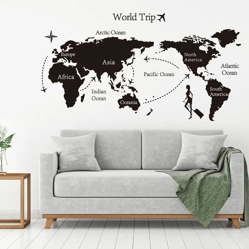 Mapa de viagem mundial preto adesivos de parede de vinil para crianças decoração de decoração de casa decalques de arte 3d papel de parede quarto decoração2419