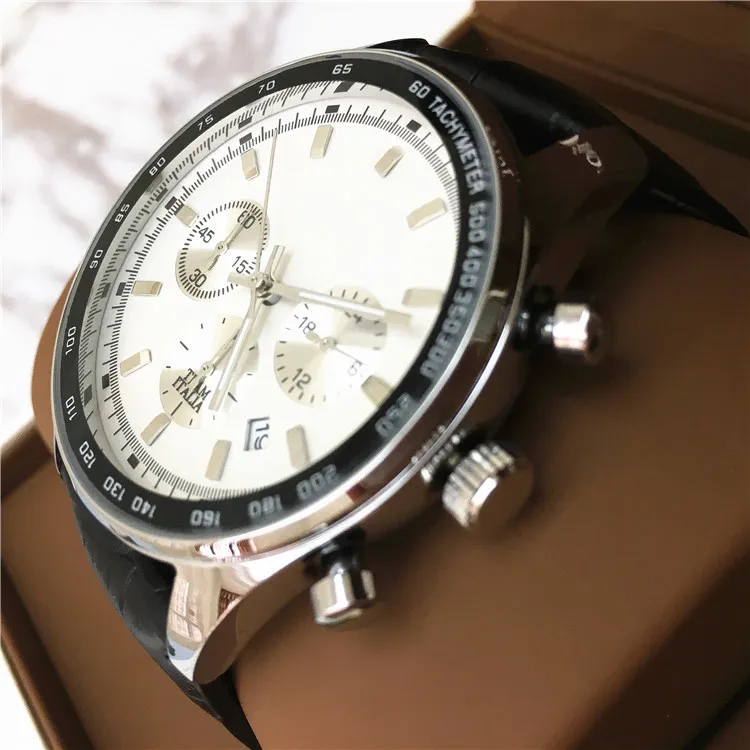 Big Dial 42 mm luksusowy człowiek czarny skórzany zegarek wszystkie subdials robiąc stal nierdzewna najwyższej jakości zegarek mody kwarcowy kropla shippin266m