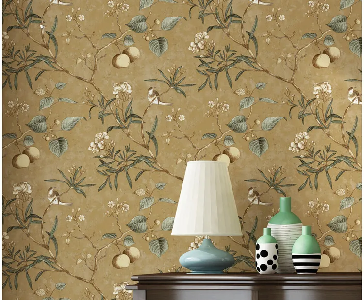 Papel de parede pastoral americano flor e pássaro vintage bpple árvore mural rolo verde amarelo papel de parede peint224l