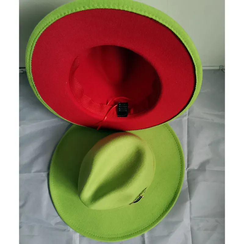 2020 Trend Lindgrün und Rot Patchwork Damen Herren Filzhüte mit breiter Krempe Lady Panama Vintage Unisex Fedora Hut Jazz Cap L XL1894767