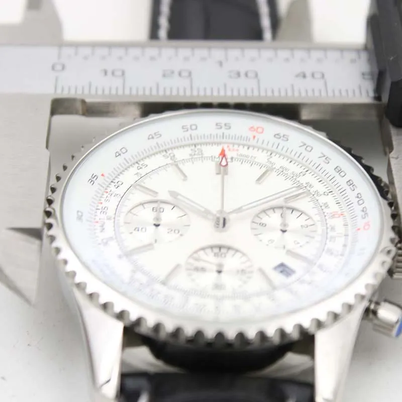 Nowe zegarki daty sportowej Chronometre Navitimer Quartz Chronograph Watch Męski Klasyczny zegarek na nadgarstek White Dial Czarna skórzana strap308x