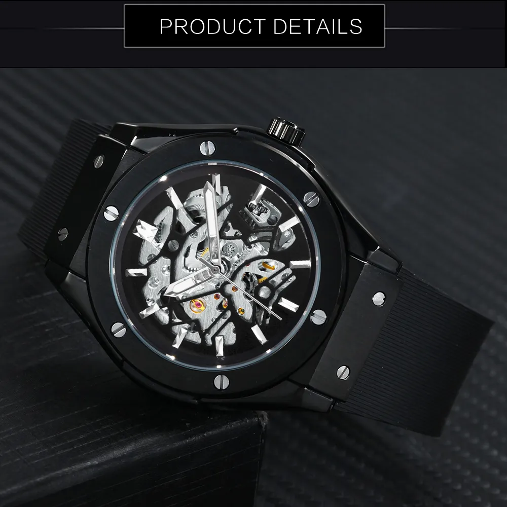 勝者トップアウトドアスポーツメン自動機械式時計ゴムストラップクリエイティブスケルトンデザインカジュアル腕時計2910