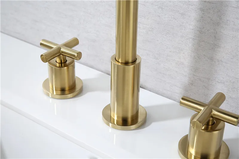 Смесители для раковины с двойной ручкой и тремя отверстиями, матовый золотой латунный смеситель для раковины в ванной комнате и смеситель для холодной воды262x