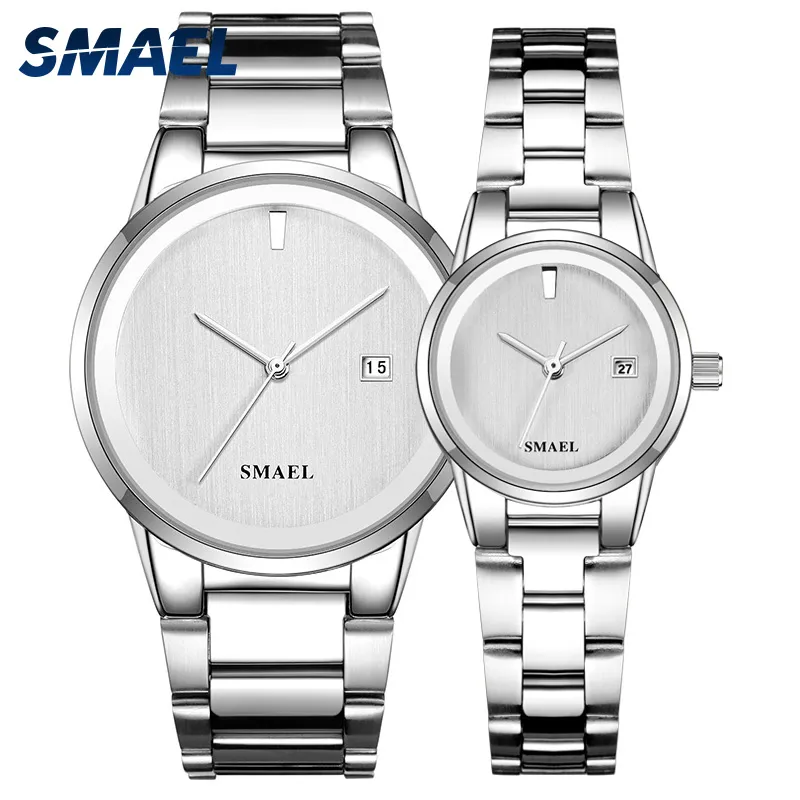 Smael Brand Watch -erbjudande Set Par Luxury Classic rostfritt stålklockor Splendid Gent Lady 9004 Waterproof FashionWatch219C
