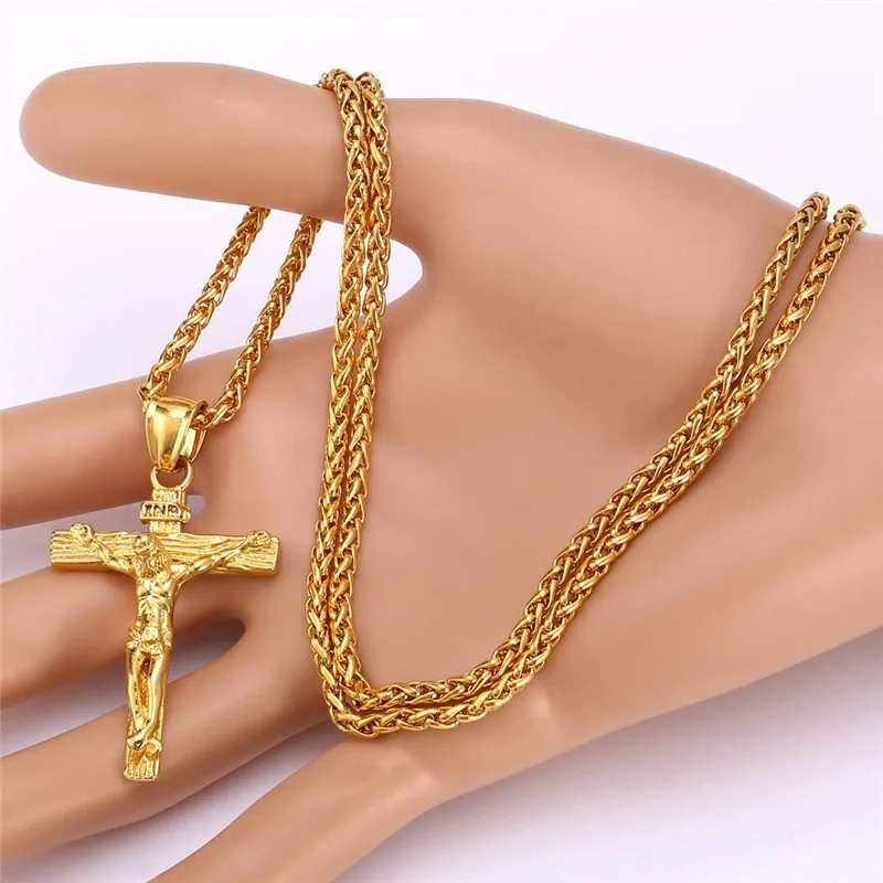 Collana religiosa con croce di Gesù uomo Nuova moda color oro con pendente a croce con collana a catena, regali di gioielli uomo247t