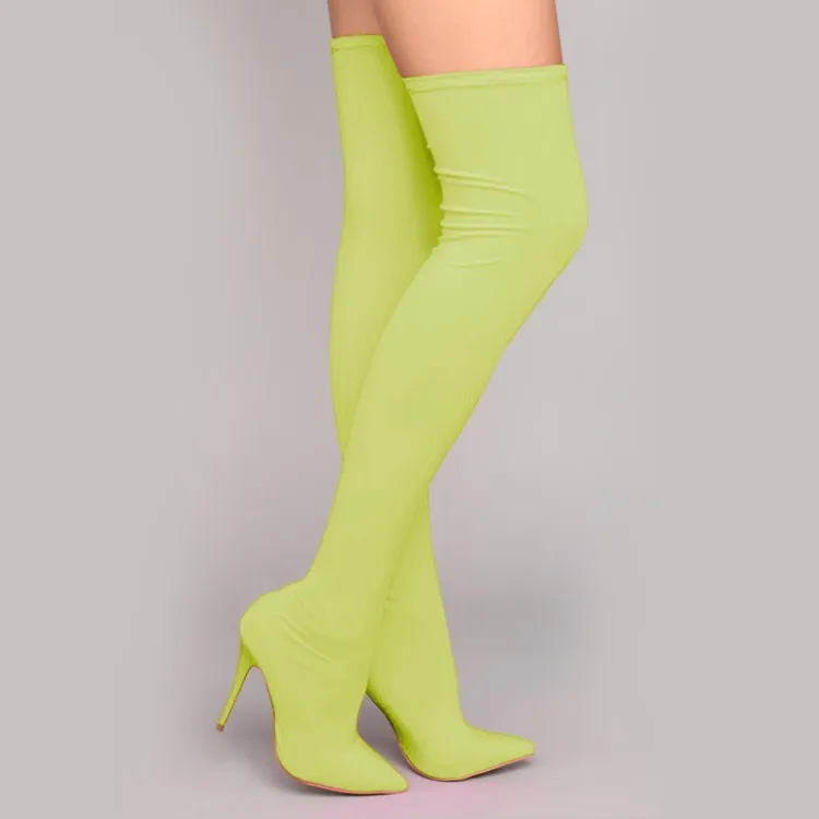 Rontic – bottes extensibles au dessus du genou pour femmes, chaussures à talons hauts et fins, bout pointu, Sexy, Rose, rouge, vert, Orange, chaussures pour femmes, taille américaine 6-9.5