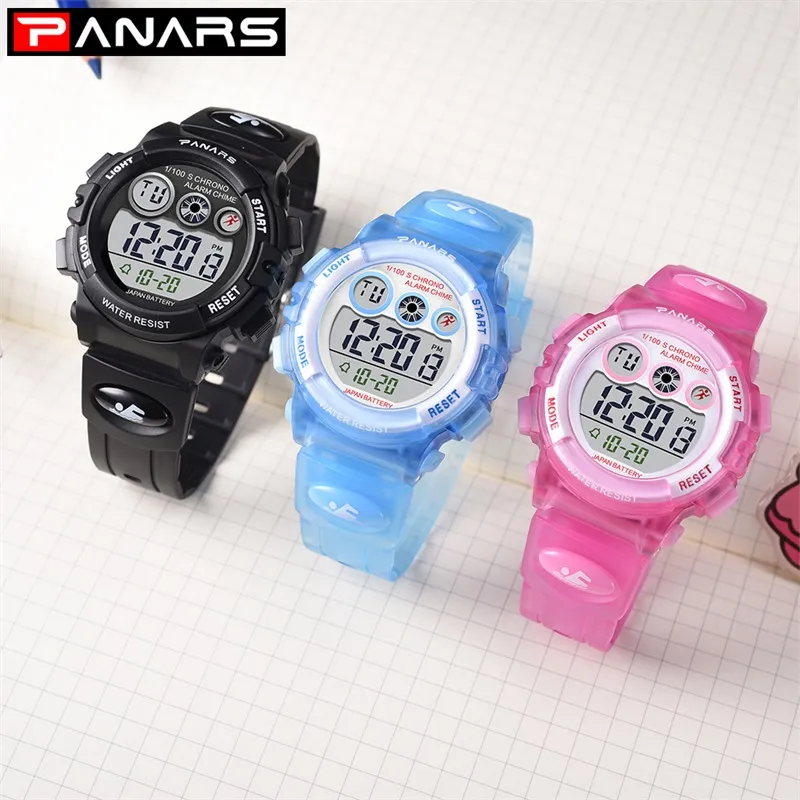 PANARS RED Chic Nowe przybycie zegarków dla dzieciaków kolorowe diodowe światło cyfrowe elektroniczne zegarek Wodoodporny gole
