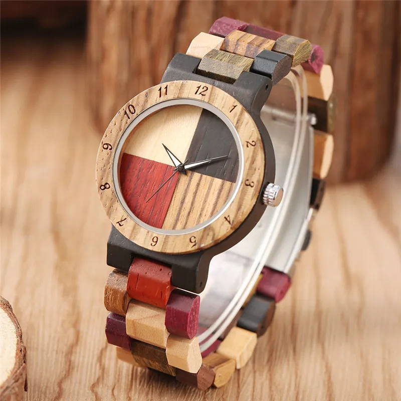 Montre de couple en bois naturel de luxe faite à la main pour hommes et femmes à quartz avec affichage analogique montre-bracelet classique en bambou multicolore en bois 272H