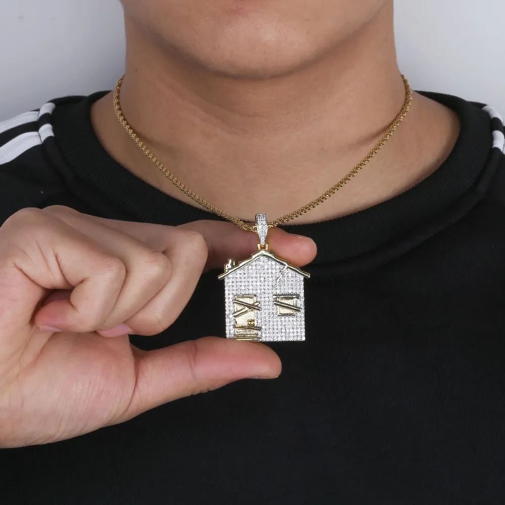 Armadilha casa pingente colar masculino gelado zircônia cúbica correntes material de cobre hip hop punk ouro prata cor encantos jóias232j