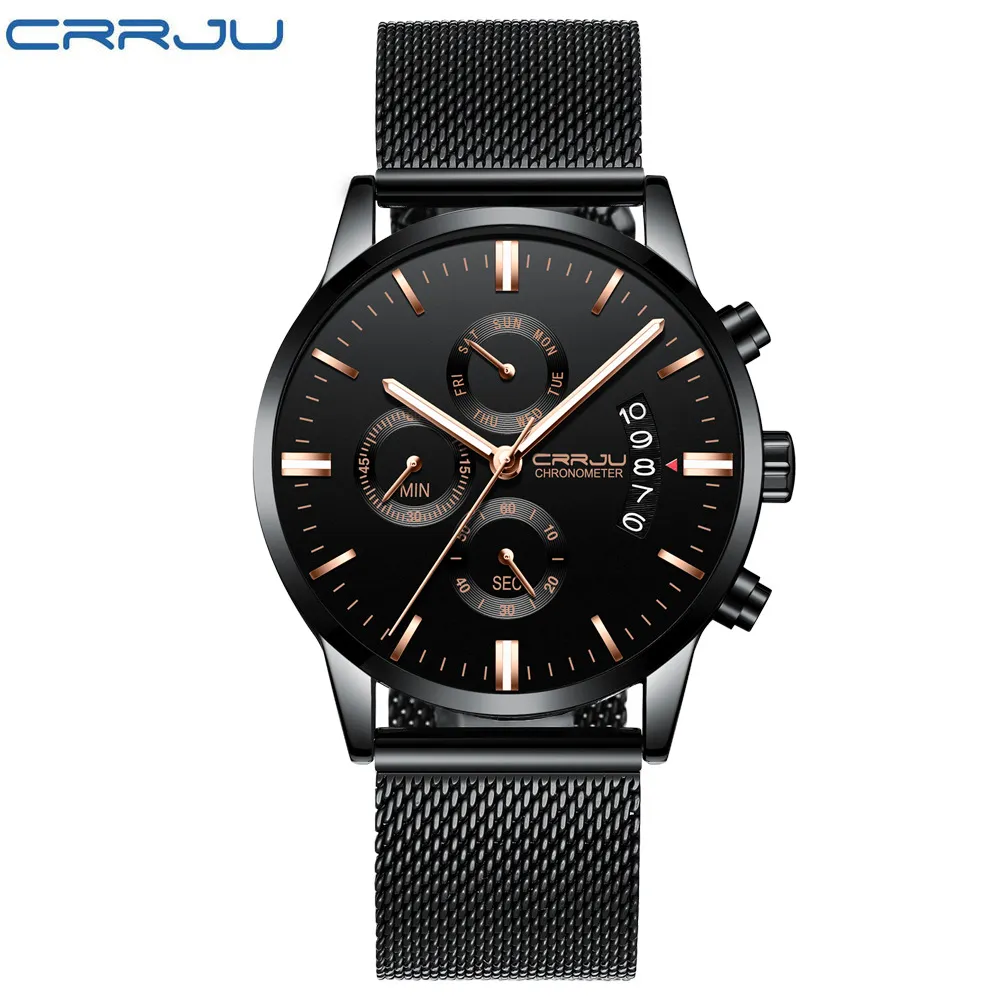 CRRJU nouvelle montre-bracelet de Sport étanche pour hommes avec bracelet Milan armée chronographe Quartz montres lourdes mode mâle Cloc205h