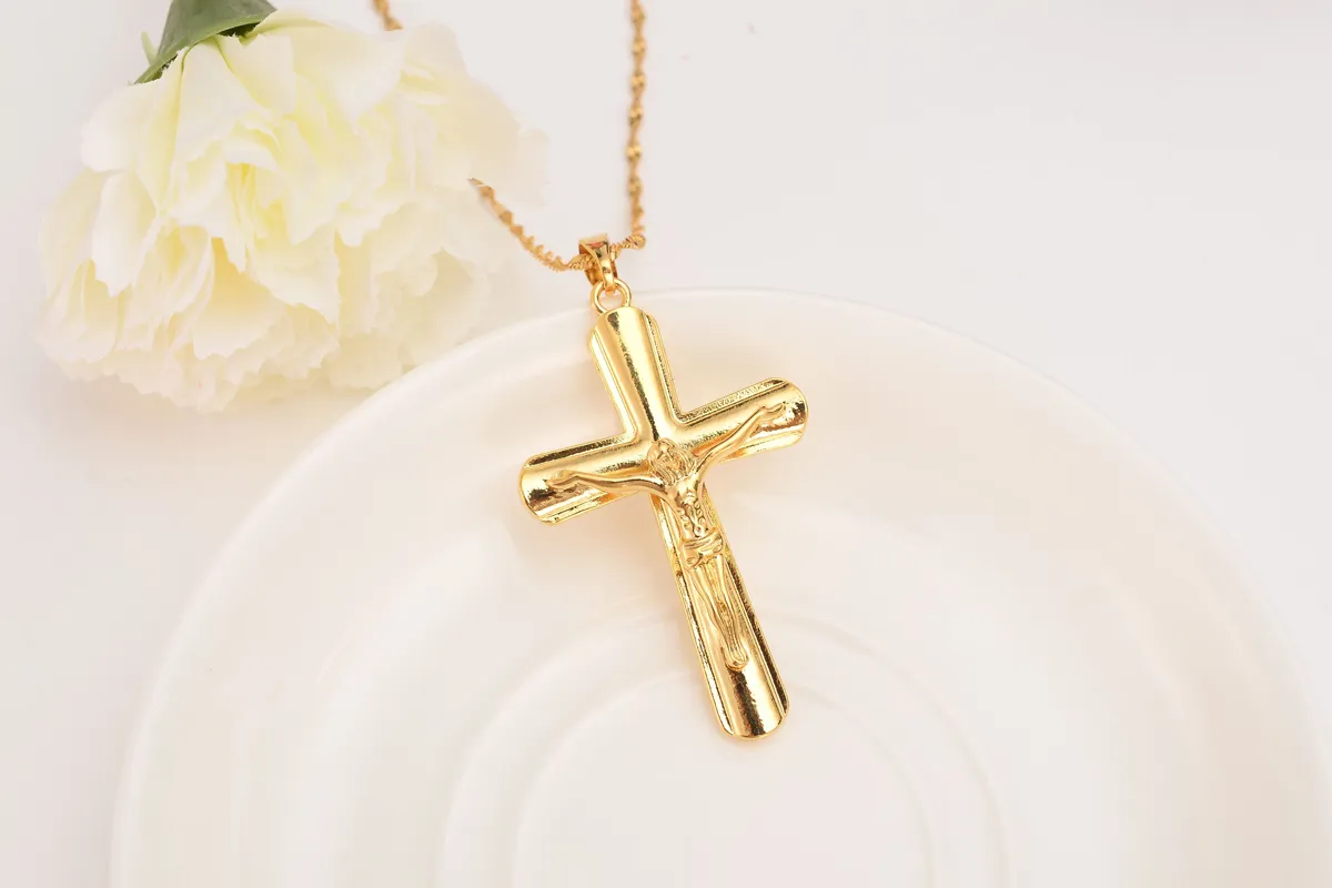 Colliers fins en or massif pour hommes et femmes, pendentif croix, Crucifix entier, bijoux à la mode, décoration de jésus, Dress2917