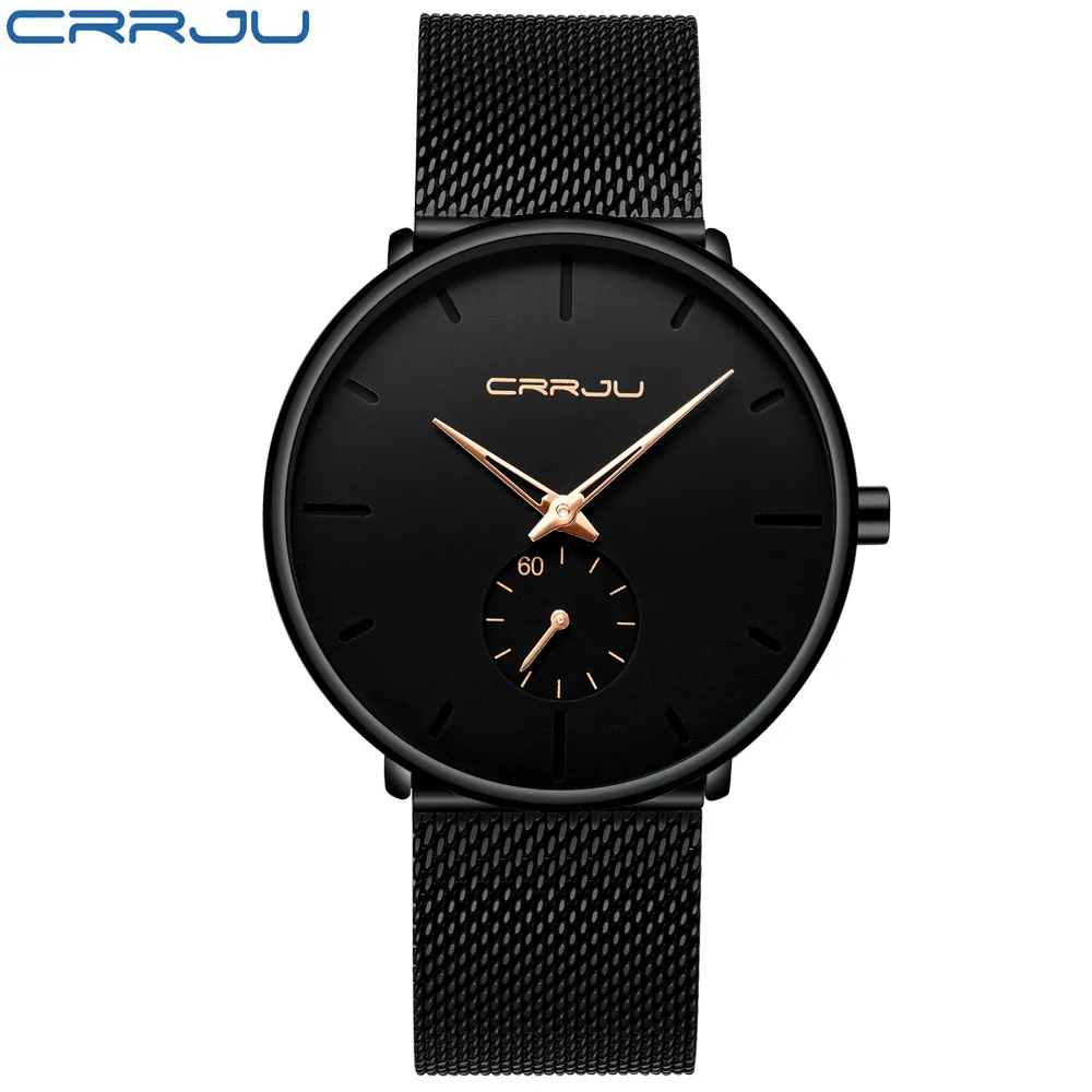 Crrju Topmerk Luxe Quartz Horloge mannen Casual Zwart Japan quartz-horloge roestvrij staal Gezicht ultra dunne klok mannelijke Relogio New283r