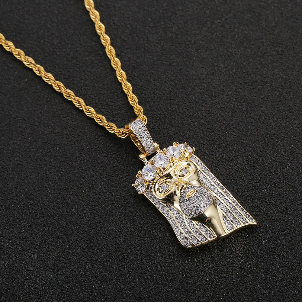 Mode Copper Gold Color Plated Iced Out Jesus Face Pendant Necklace Micro Pave Big CZ Stone Hip Hop Bling Jewelry2484
