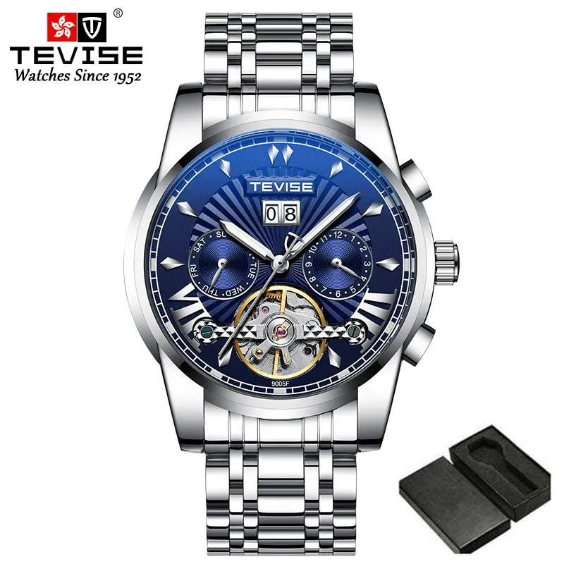 Top Luxury Brand Tevise Automatic Men Watch en acier inoxydable Tourbillon Calendrier mécanique Wristwatch Men Business Clock2590