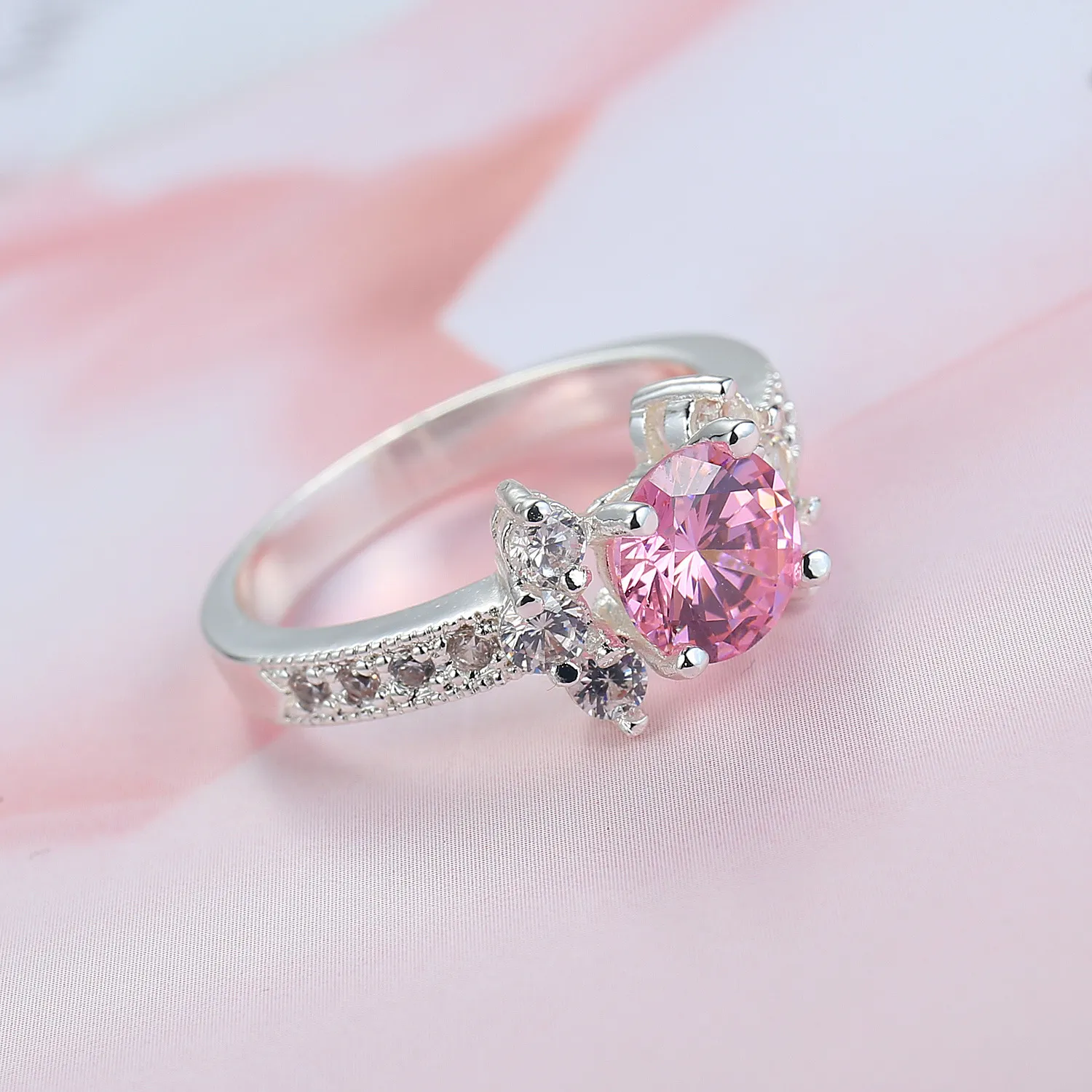 Whole lote Luckyshine Daily Jewelry Gift Fire Flor Pink Zircônia cúbica Gemstone 925 Mulheres banhadas de prata Ring Ne328s