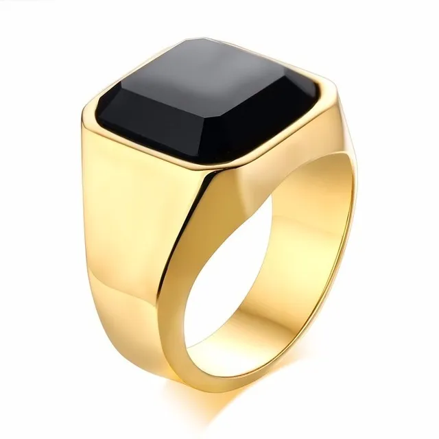 Dignified Black Carnelian Stainless Steel Golden Square Signet Ring for Men Pinky Rings Male Wealth and Rich Status Jewelry274H