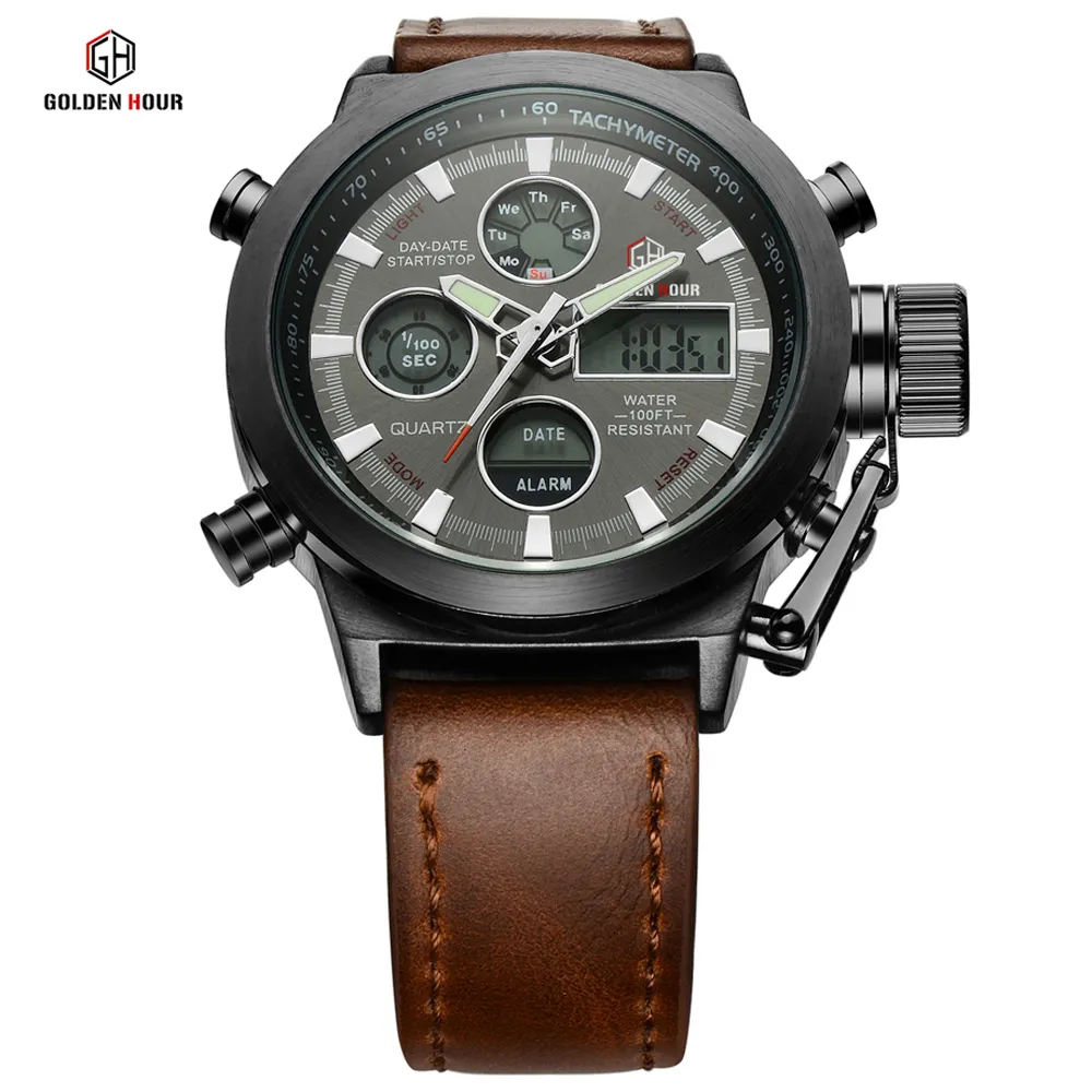 GOLDENHOUR Dropship hommes montre à Quartz affichage numérique montre-bracelet militaire en cuir montres étanche mâle horloge Relogio Masculino259m