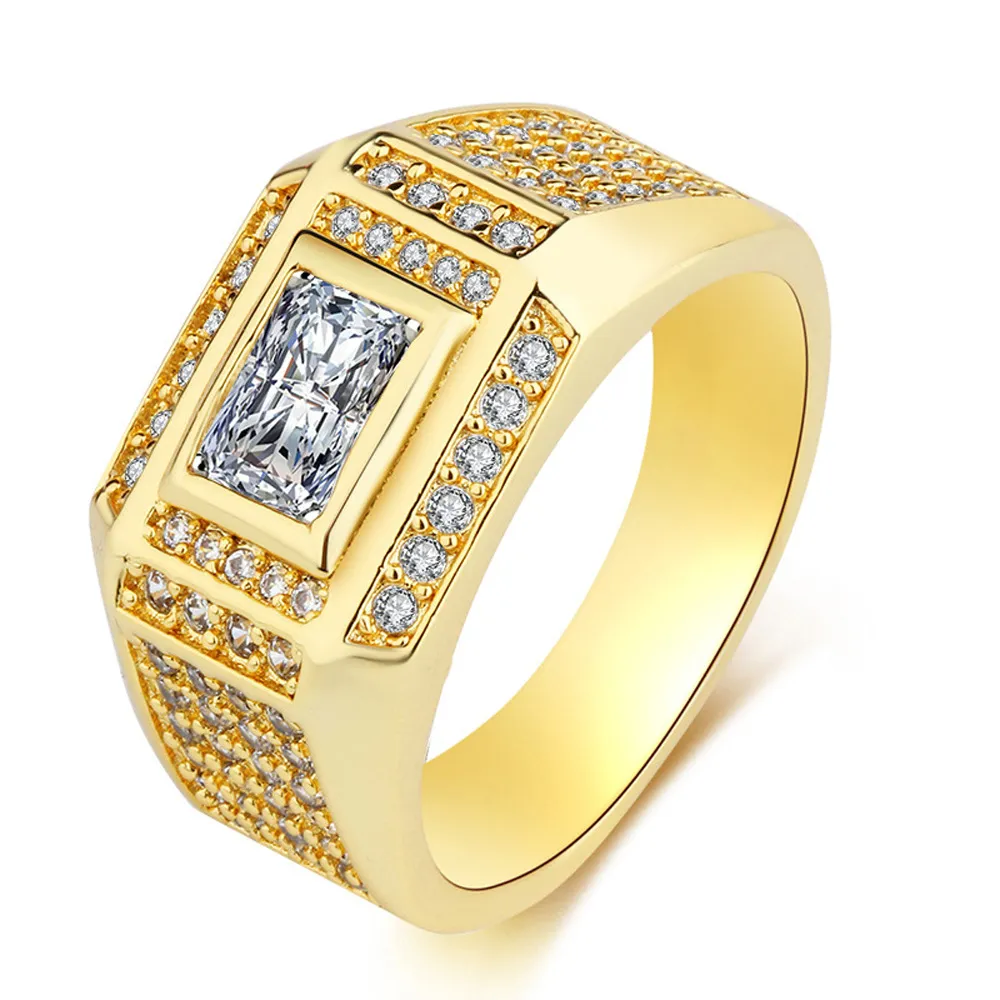Tamaño del anillo de los hombres 13 Iced Out Micro pavimentado 18 k oro amarillo lleno clásico hombres guapos banda de dedo joyería de compromiso de boda Gi206m