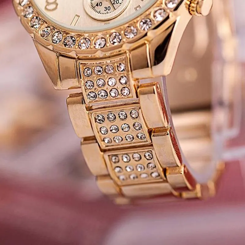 Bling Crystal Women Watches Gold Moda Geneva Kadınlar Kuvars Paslanmaz Çelik Bayanlar Bilek saati 2020 Relogio1220J