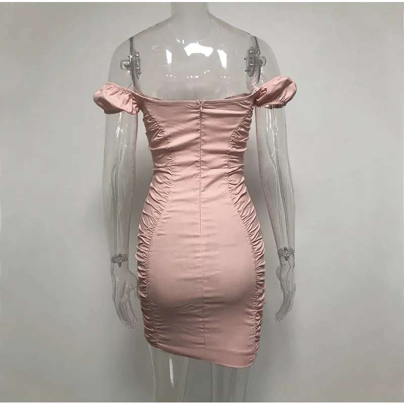 Newasia Puff Sleeve Party Dress Women Summer Off Shoulder Sexy BodyCon Dress Corset Lace Up Tight Mini Ruched Dress Pink Vestido 210302