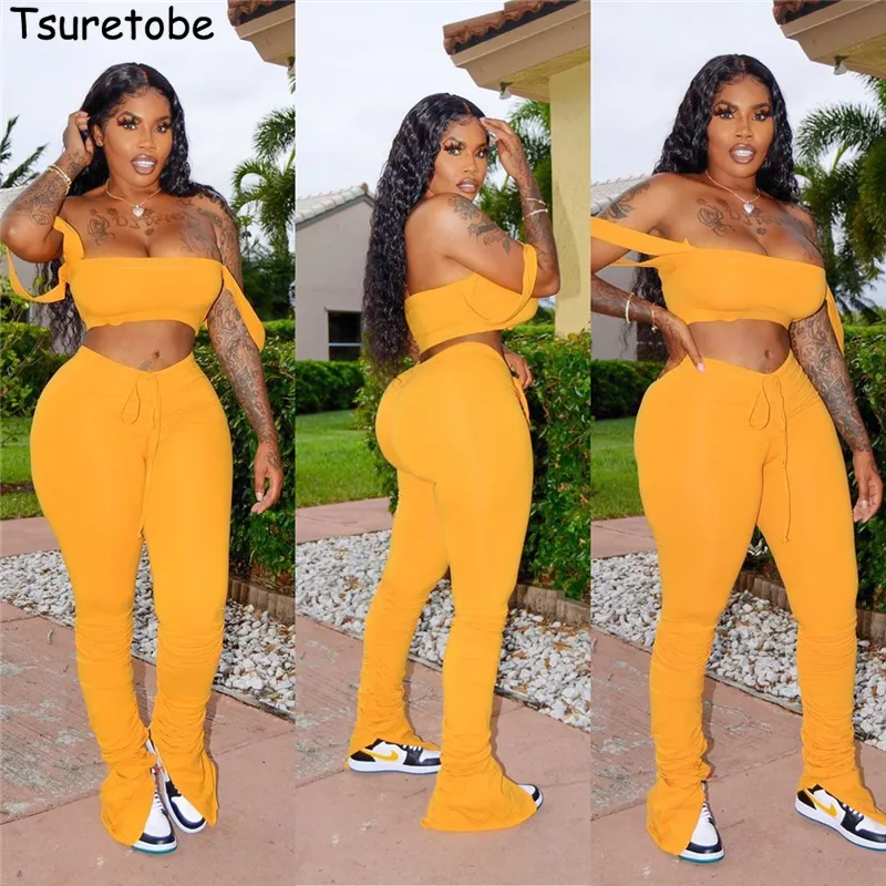 Tsuretobe Streetwear Set Women Crop Top och Stacked Pants Split Matching Ställer bort Shoulder Club Outfits Sommarkläder CX200702